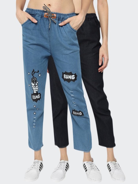 

Fleurt Women Pack Of 2 Blue & Black Printed Jeans