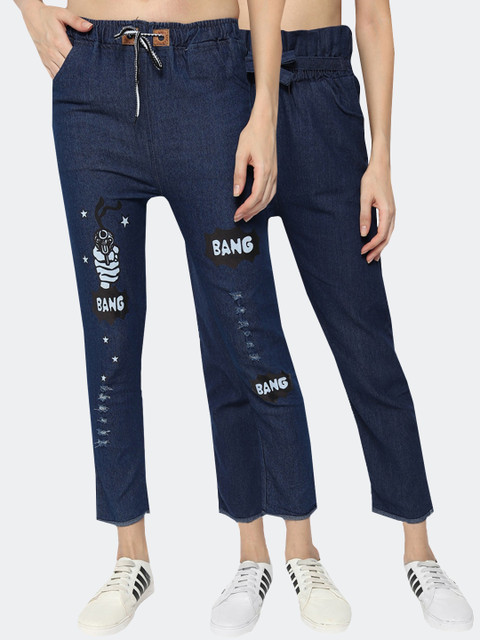 

Fleurt Women Pack of 2 Blue Clean Look Jogger Fit Printed Jeans