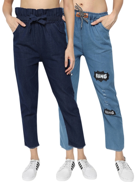 

Fleurt Women Pack of 2 Blue Clean Look Jogger Fit Printed Jeans
