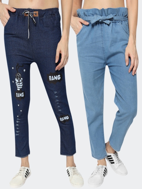 

Fleurt Women Pack of 2 Blue Clean Look Jogger Fit Printed Jeans