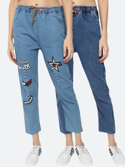 

Fleurt Women Pack of 2 Blue Clean Look Jogger Fit Printed Jeans