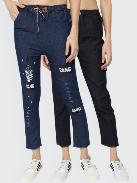 

Fleurt Women Pack of 2 Blue Clean Look Jogger Fit Printed Jeans, Navy blue