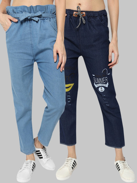 

Fleurt Women Pack of 2 Blue Clean Look Jogger Fit Printed Jeans, Navy blue