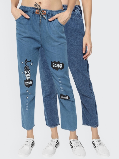 

Fleurt Women Pack of 2 Blue Clean Look Jogger Fit Printed Jeans