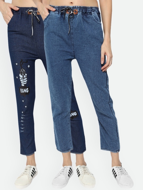 

Fleurt Women Pack of 2 Blue Clean Look Jogger Fit Printed Jeans