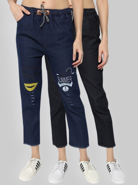 

Fleurt Women Pack Of 2 Navy Blue Low Distress Printed Jeans
