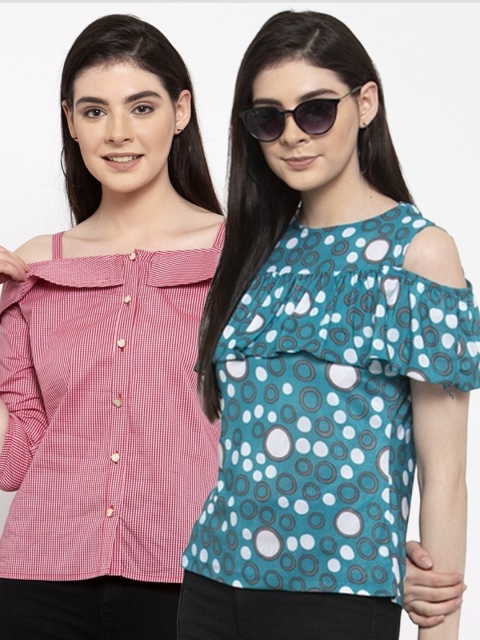 

armure Pack of 2 Green & Red Print Crepe Top