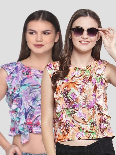 

armure Pack of 2 Purple & Orange Floral Print Crepe Crop Top