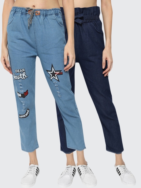 

Fleurt Women Pack of 2 Blue Clean Look Jogger Fit Printed Jeans