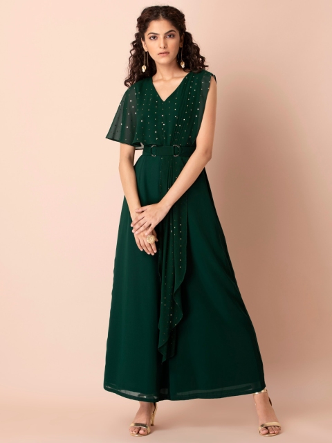 

INDYA Green & Gold-Toned Cape Jumpsuit with Attached Dupatta