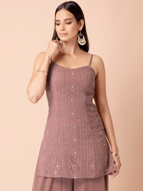 

INDYA Pink Ethnic Motifs Embroidered Thread Work Thread Work Kurti