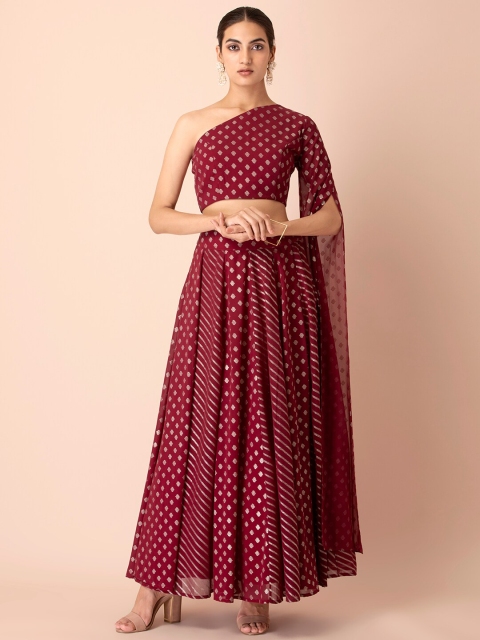 

INDYA Woman Maroon Georgette Foil Extra Long Sleeve Crop Top