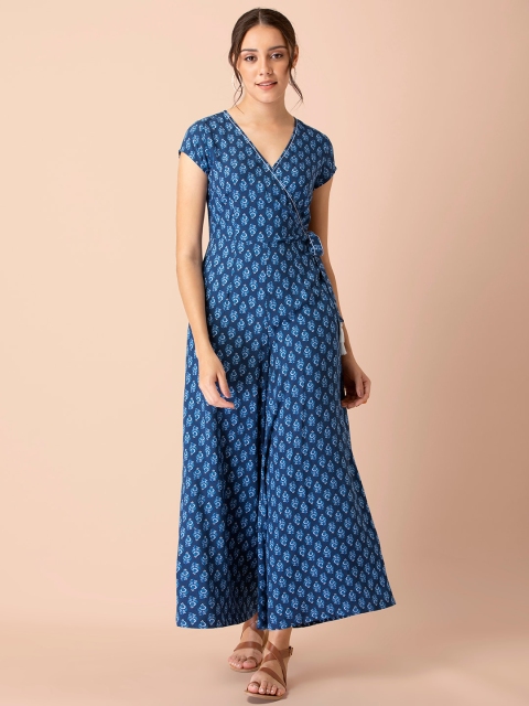 

INDYA Blue Ethnic Motifs Printed Tasselled Basic Jumpsuit