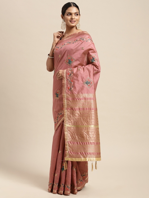 

Mitera Pink Floral Beads and Stones Assam Silk Blend Saree