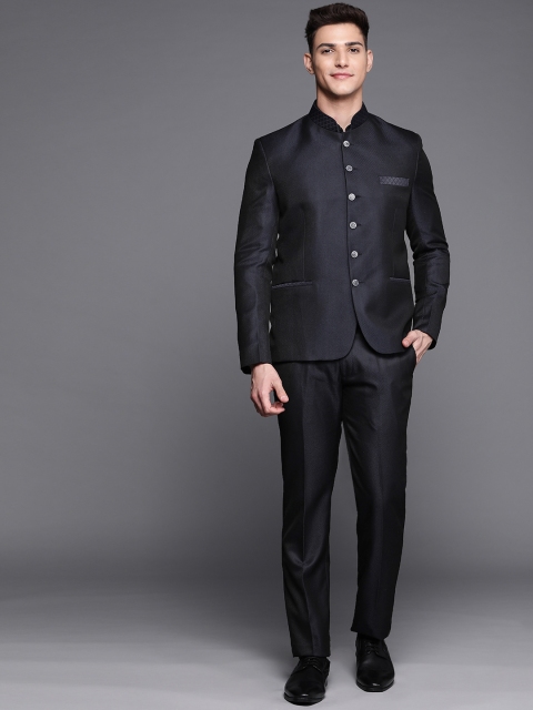 

Manu Men Navy Blue Design Single-Breasted Bandhgala Suit