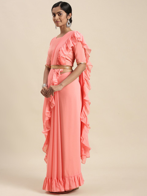 

Sangria Coral Pink Solid Saree with Ruffle Border & Embellished Belt