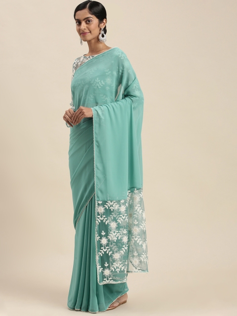 

Sangria Turquoise Blue Solid Saree with Embroidered Pallu