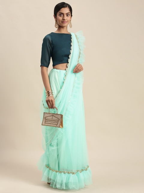 

Sangria Turquoise Blue Gotta Patti Silk Blend Solid Saree with Ruffled Border, Teal