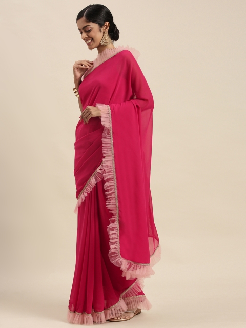 

Sangria Magenta Gotta Patti Solid Saree with Pleated Ruffle Border