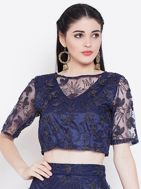 

studio rasa Navy Blue Embroidered Net Crop Top