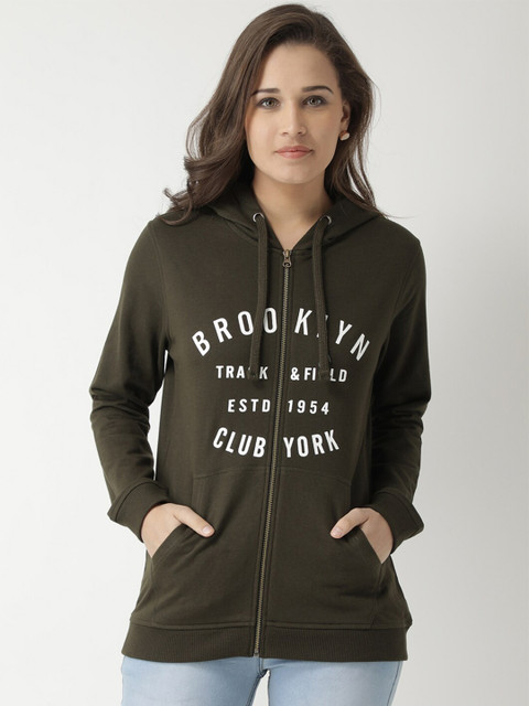 

Club York Women Olive Green Printed Fleece Hooded Sweatshirt