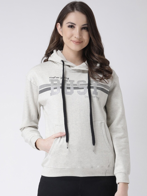 

Club York Women Off White Printed Fleece Hooded Sweatshirt