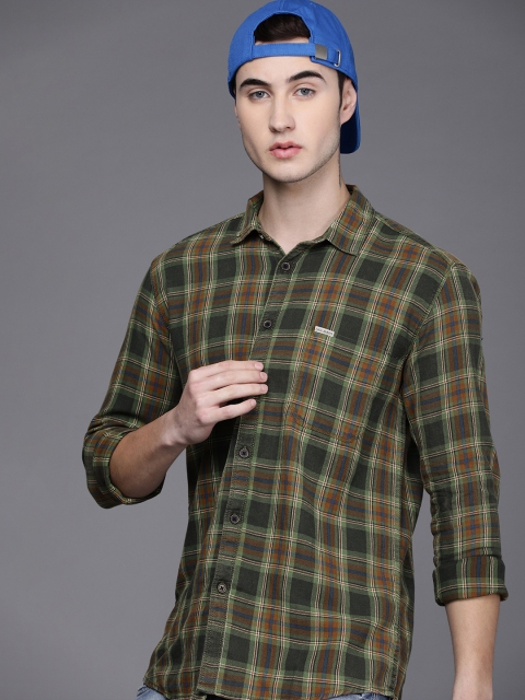 

Voi Jeans Men Olive Green Slim Fit Tartan Checks Checked Casual Shirt