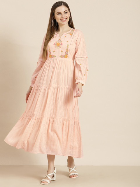 

Juniper Peach-Coloured Cotton Dobby Embroidered Tiered Maxi Dress