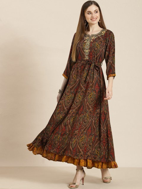 

Juniper Black & Red Ethnic Motifs Liva Ethnic Maxi Dress with Belt
