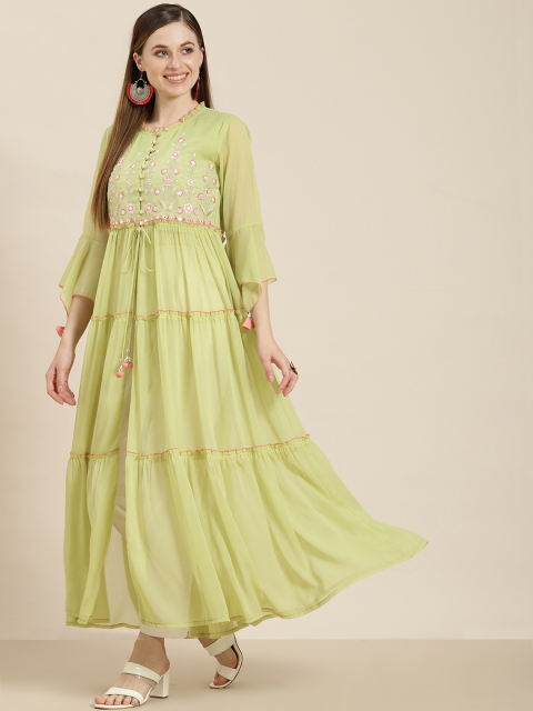 

Juniper Women Green Floral Embroidered Flared Sleeves Tiered Kurta