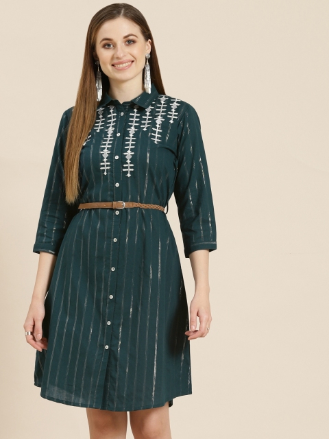 

Juniper Teal & White Striped A-Line Dress with Belt