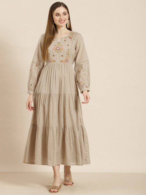 

Juniper Beige Ethnic Motifs Embroidered Lace Inserts Cotton Dobby Tiered Empire Dress