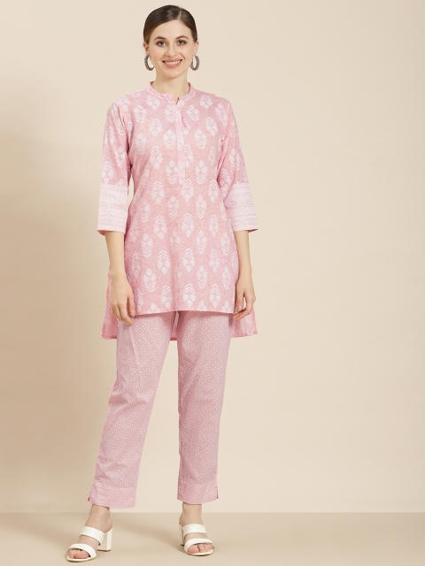 

Juniper Women Pink Ethnic Motifs Printed Cambric High-Low Kurta with Trousers