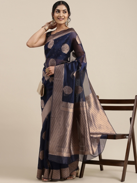 

Saree mall Navy Blue Ethnic Motifs Organza Banarasi Saree
