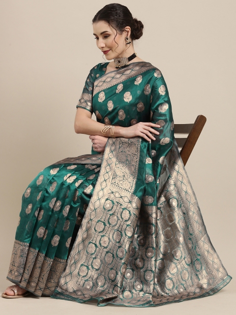 

Saree mall Teal Green Floral Organza Banarasi Saree