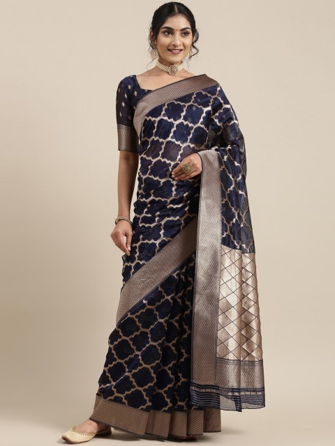 

Saree mall Navy Blue Organza Banarasi Saree