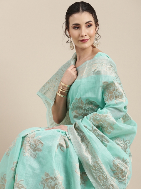 

Saree mall Sea Green Floral Linen Blend Banarasi Saree