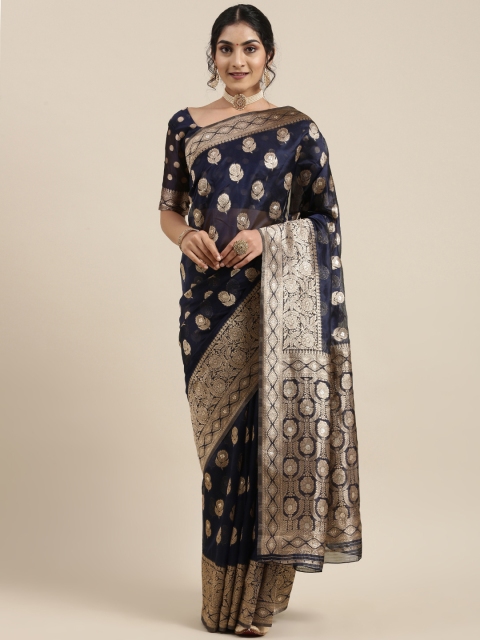 

Saree mall Navy Blue Floral Organza Banarasi Saree