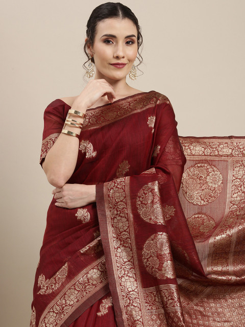 

Saree mall Maroon Floral Linen Blend Banarasi Saree