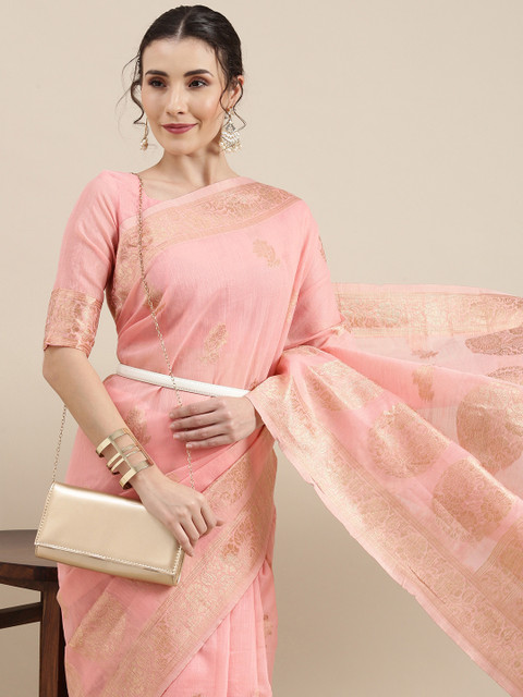 

Saree mall Pink Floral Linen Blend Banarasi Saree