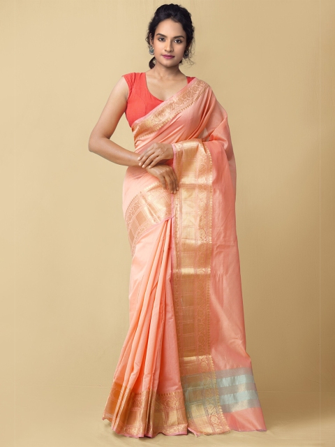 

Unnati Silks Pink & Gold-Coloured Woven Design Zari Silk Cotton Bhagalpuri Saree