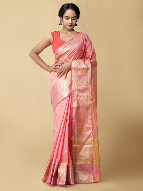 

Unnati Silks Pink & Gold-Toned Woven Design Bangalore Silk Cotton Saree