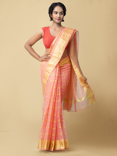 

Unnati Silks Pink & Gold Ethnic Motifs Zari Silk Cotton Bhagalpuri Saree