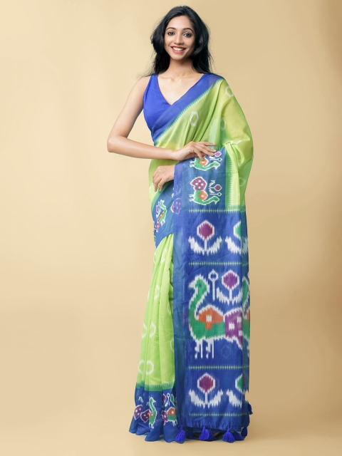 

Unnati Silks Green & Blue Printed Chanderi Silk Cotton Saree