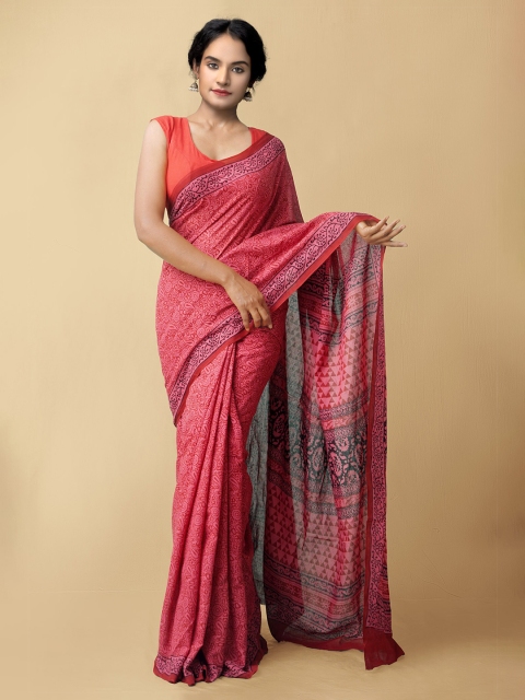 

Unnati Silks Pink & Red Ethnic Motifs Pure Cotton Block Print Saree