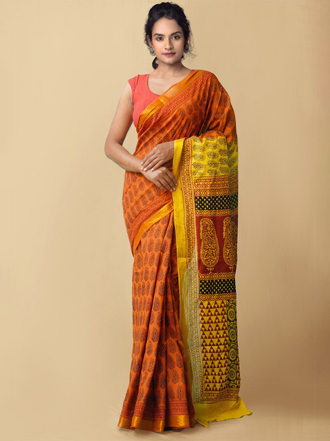 

Unnati Silks Red & Yellow Ethnic Motifs Pure Cotton Block Print Saree