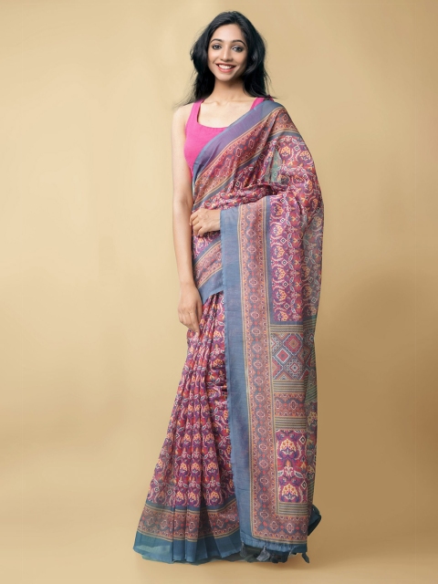 

Unnati Silks Pink & Blue Ethnic Motifs Silk Cotton Chanderi Saree