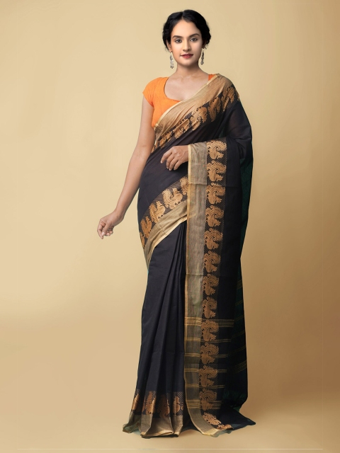

Unnati Silks Black & Gold-Toned Woven Design Pure Cotton Chettinad Saree
