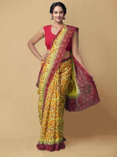 

Unnati Silks Yellow & Maroon Ethnic Motifs Pure Cotton Kota Saree