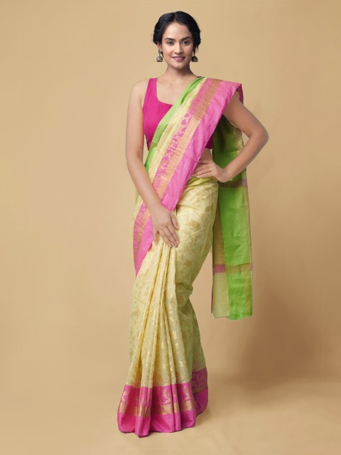 

Unnati Silks Yellow & Pink Woven Design Zari Silk Cotton Kota Saree